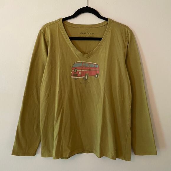 Life Is Good Women size Large Olive Green V-neck Crusher Tee Long Sleeve 70s Bus - Picture 1 of 9